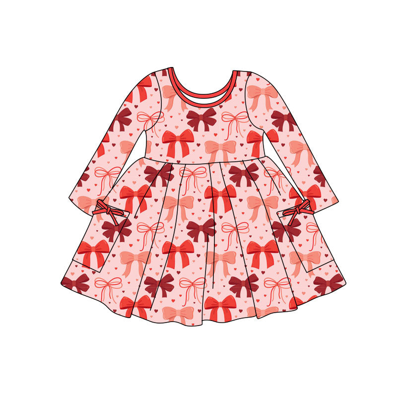 Preorder(moq 5) Baby Girls Pink Bows Hearts Pockets Valentine Knee Length Dresses