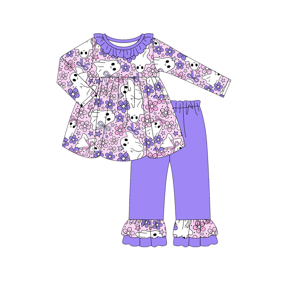 Preorder (moq 5)Baby Girls Long Sleeves Purple Flowers Ghosts Tunic Ruffle Pant Sets