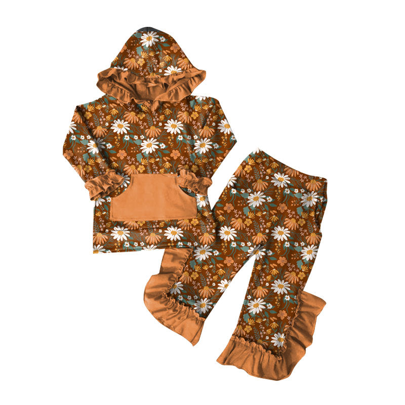 Preorder (moq 5)Baby Girls Colorful Flowers Hoodie Pocket Top Ruffle Pant Clothes Sets