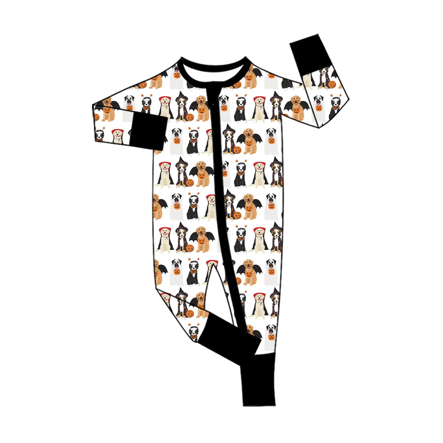 Preorder (moq 5)Baby Boys Ghost Pumpkins Dogs Halloween Two Way Zip Convertible Rompers