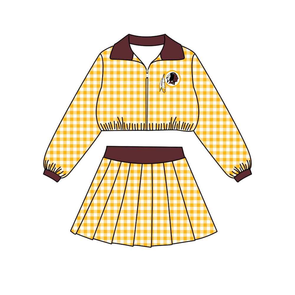 Preorder (moq 5)Baby Girls Yellow Checked Redskins Zip Pullovers Skirt Short Team Clothes Set