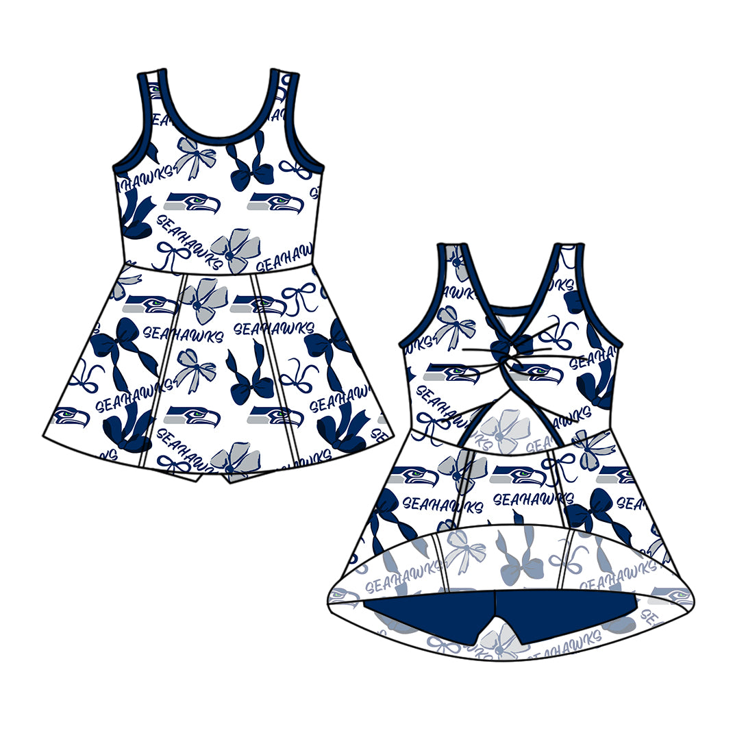 Preorder (moq 5)Baby Girls Blue Sleeveless Bows Plaid Seahawks Shorts Team Knee Length Dresses