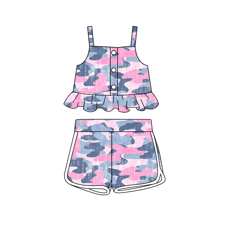 Preorder (moq 5)Baby Girls Pink Camouflage Straps Tops Shorts Clothes Sets