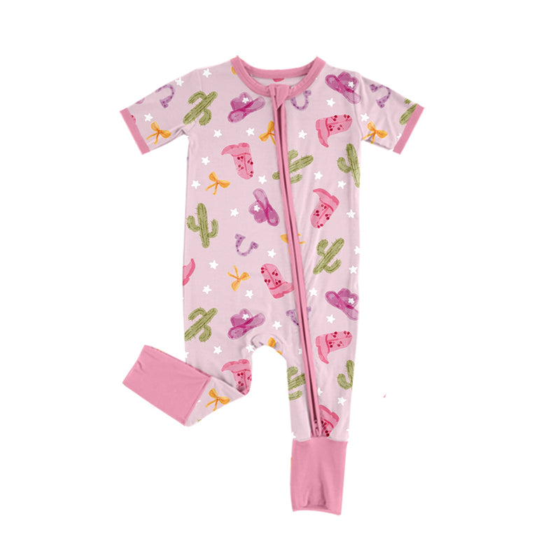Preorder (moq 5)Baby Girls Cactus Boots Hats Western Two Way Zip Convertible Rompers