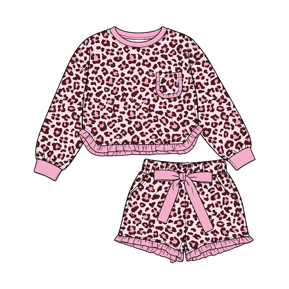 Preorder (moq5) Baby Girls Pink Leopard Pocket Top Ruffle Bow Short Clothes Set