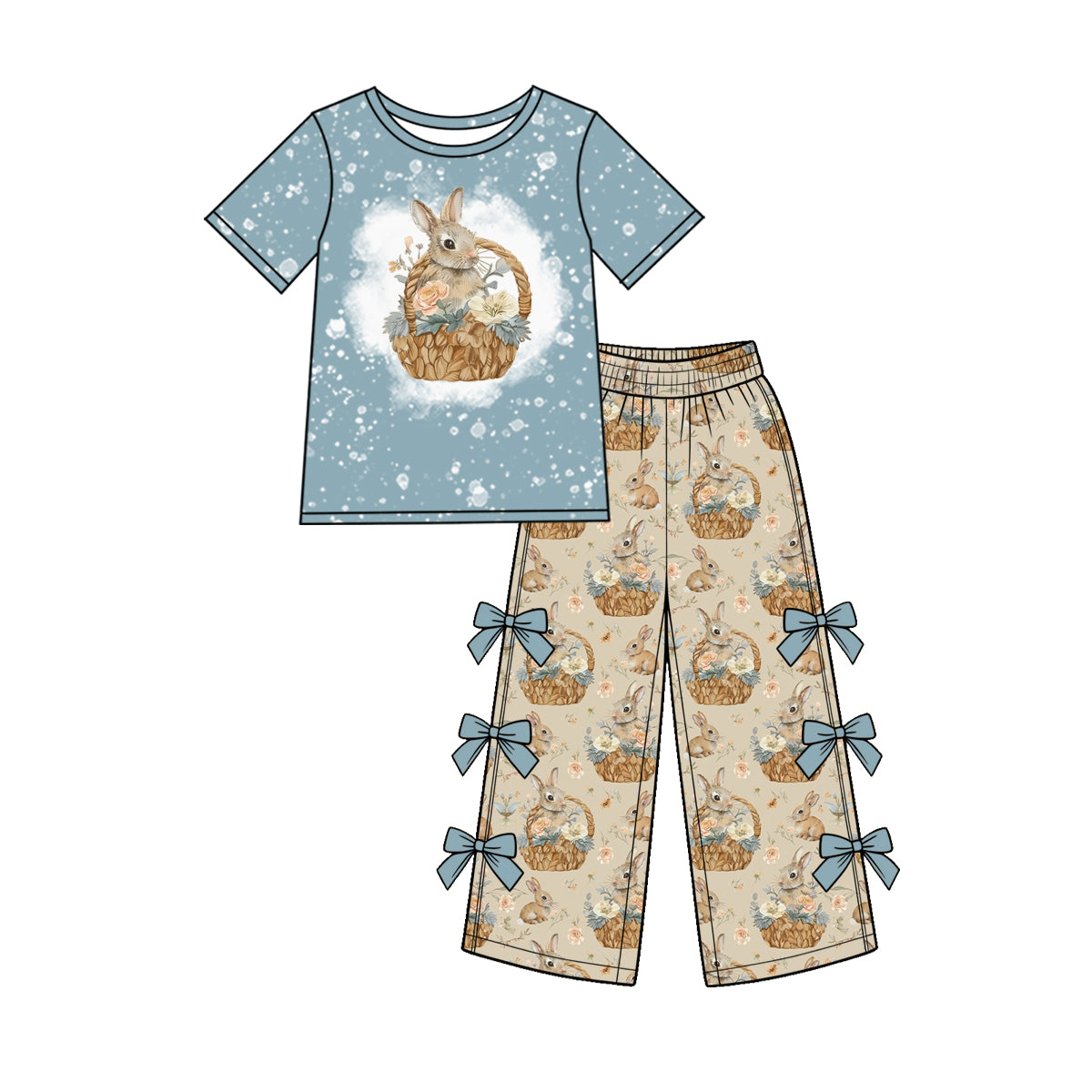 Preorder (moq 5) Baby Girl Clothes Easter Bunny Flower Basket Mixed Print Short Sleeve Side Bow Flare Pant Set