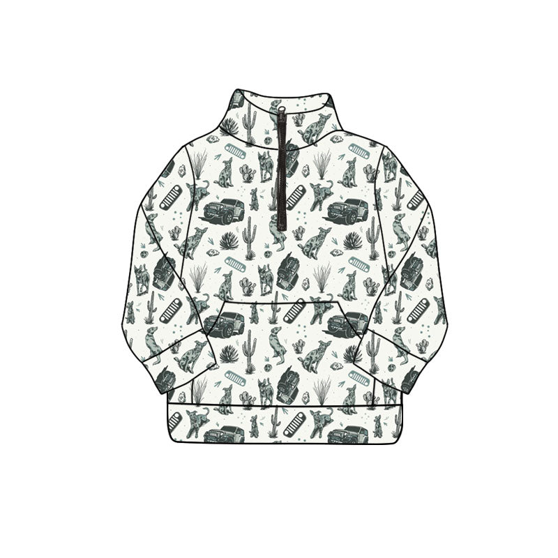 Preorder (moq 5)Baby Boys Long Sleeve Cactus Trucks Zip Pockets Western Pullovers Top