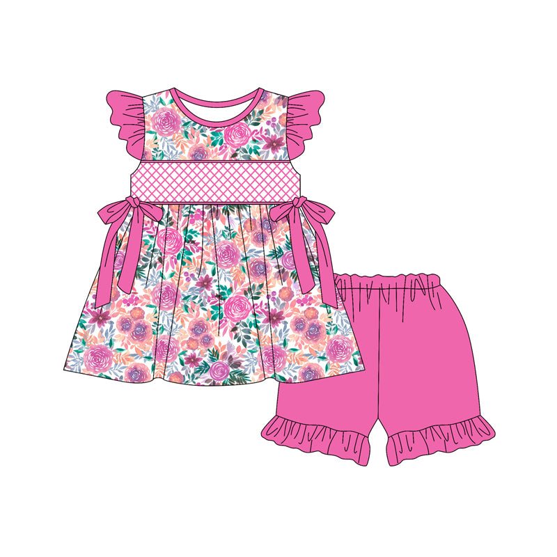 Preorder (moq 5)Baby Girls Hot Pink Flutter Sleeves Floral Bows Tunic Ruffle Short Set