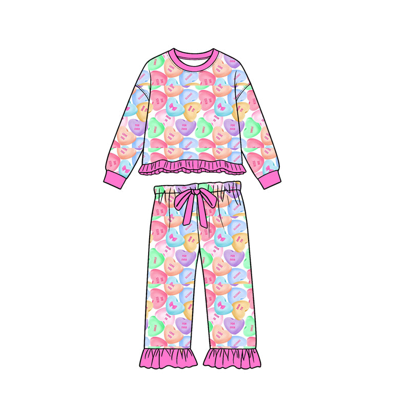 Pre-order(moq5) Girl Clothes Pastel Candy Heart Valentines Print Ruffle Long Sleeve Flare Pajama Set