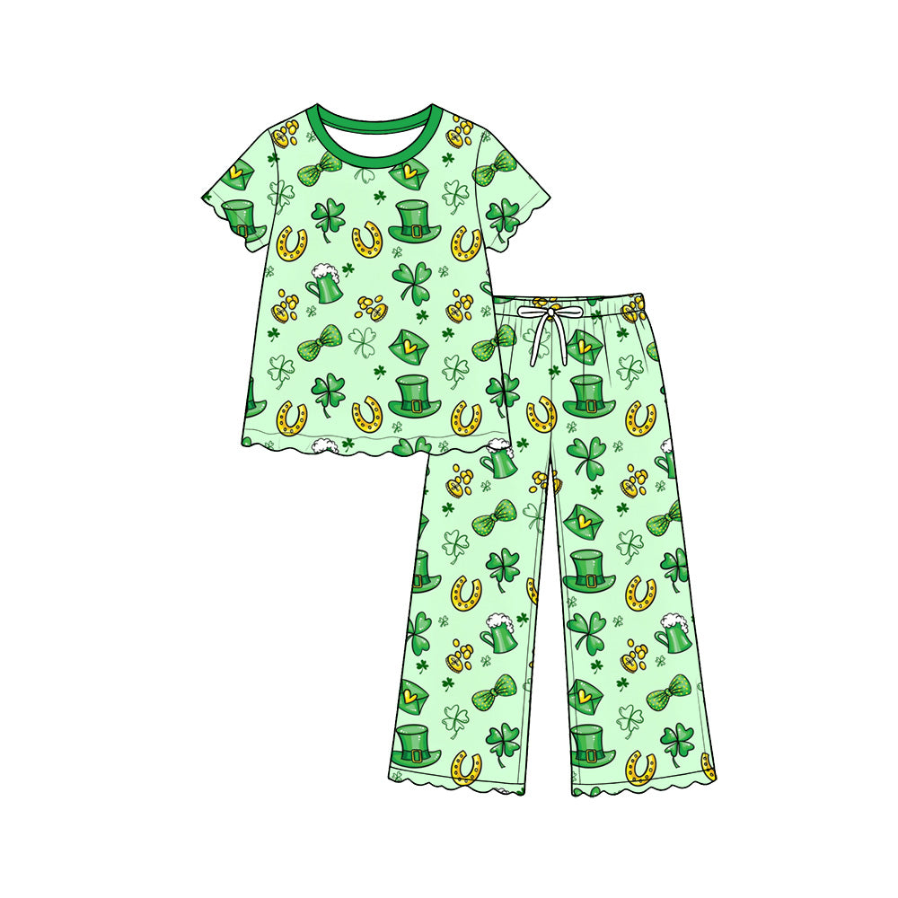 Pre-order(moq5) Girls’ Green Round-Neck Short Bow-Sleeve Top, Hat & Ruffle Elastic-Waist Wide-Leg Pants Set