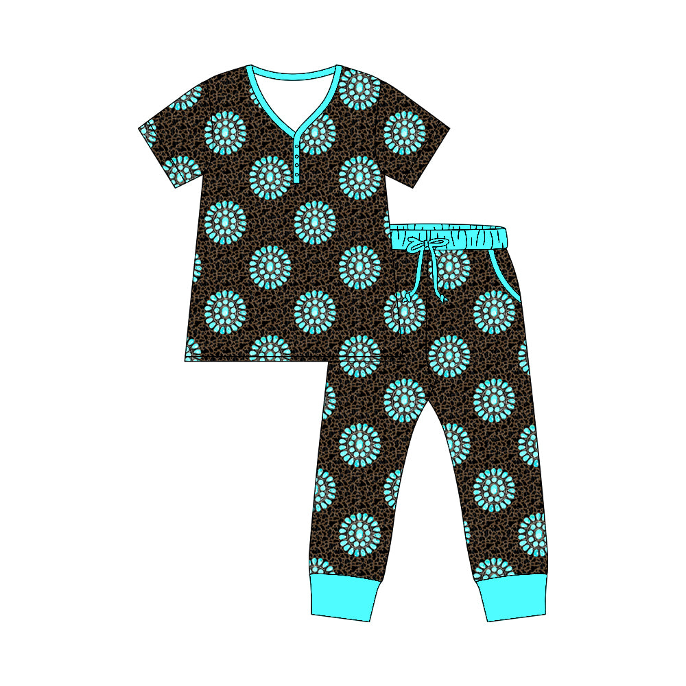 Preorder moq 5 Adult Short Sleeve Camo Turquoises Top Pockets Pants Western Pajamas Sets