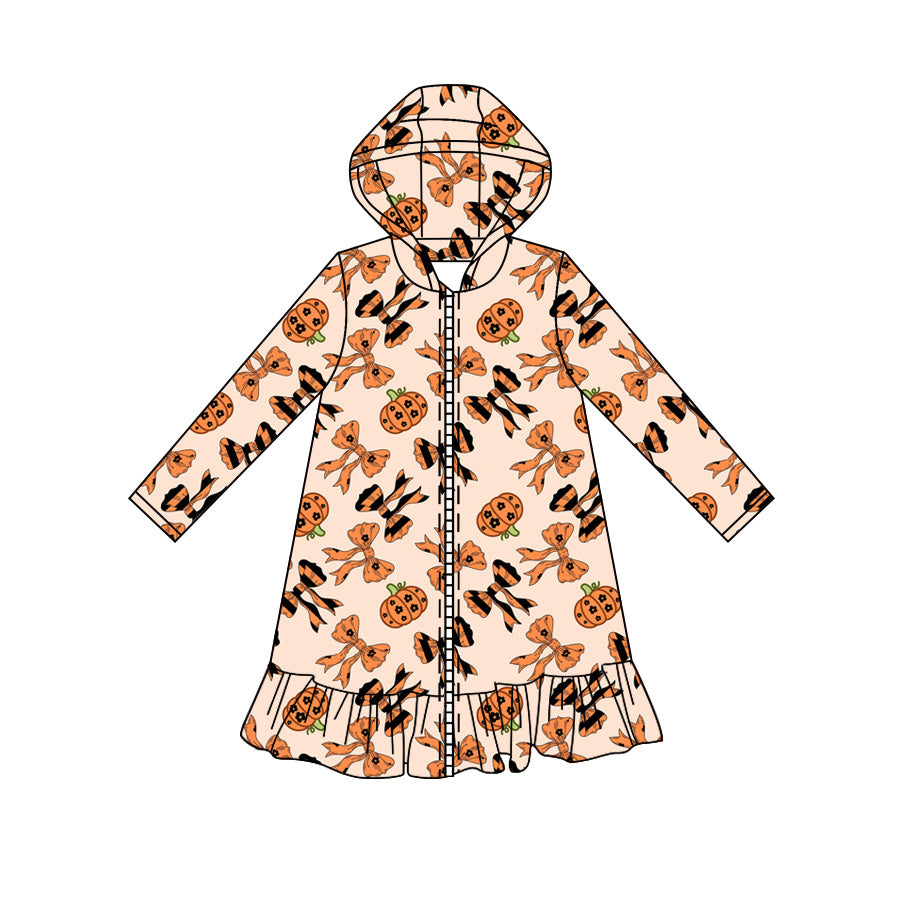 Preorder moq 5 Baby Girls Long Sleeve Flowers Pumpkins Fall Zip Ruffle Knee Length Dresses