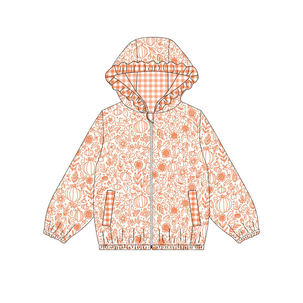 Preorder (moq 5)Baby Girls Long Sleeve Flowers Pumpkins Fall Pockets Zip Hoodies Top