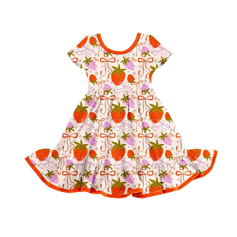 Preorder(moq 8)Baby Girls Short Sleeve Bows Strawberry Ruffle Knee Length Dresses