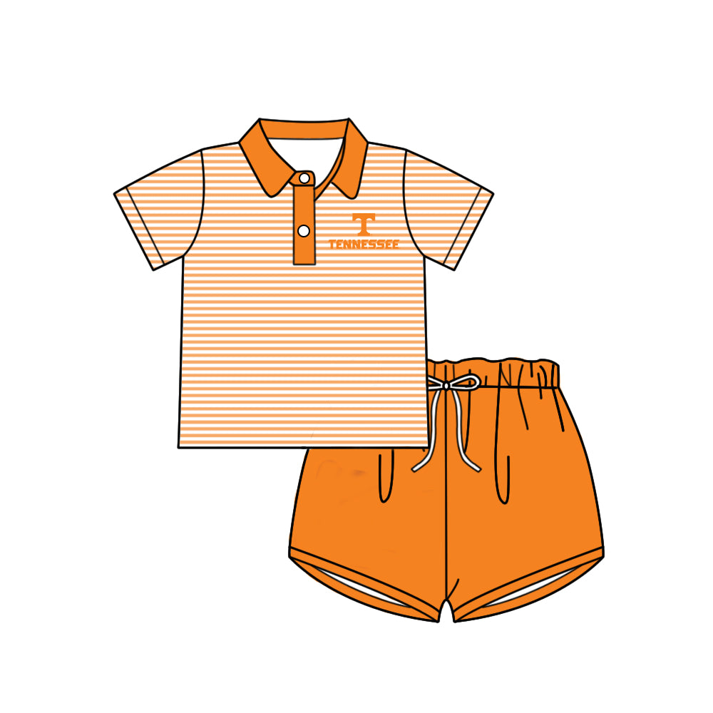 Preorder (moq 5)Baby Boys Orange Stripe Short Sleeves Button Tennessee Top Shorts Team Set