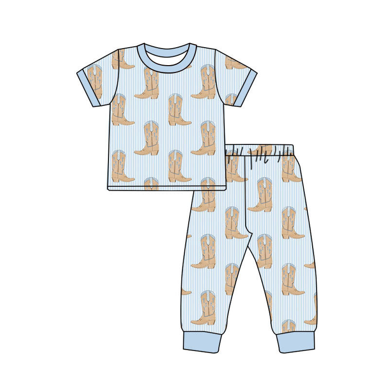 Preorder(moq 8)Baby Boys Blue Stripe Boots Top Pants Pajamas Sets