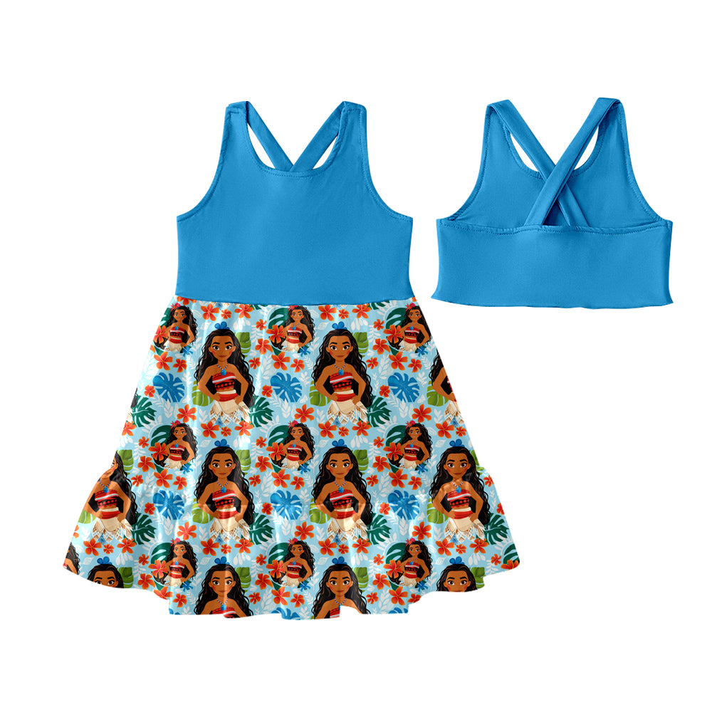 Preorder (moq 5)Baby Girls Hot Blue Sleeveless Floral Princess Patchwork Knee Length Dress