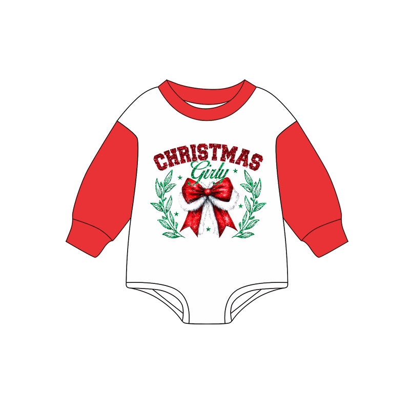 Preorder (moq 5)Baby Girls Red Long Sleeves Christmas Bows Rompers