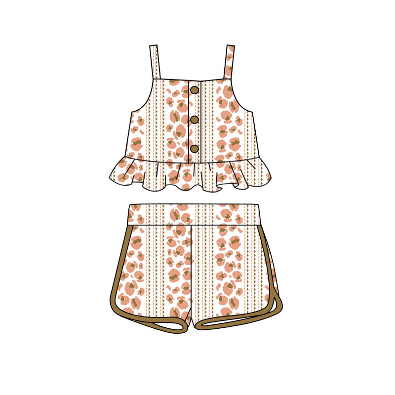 Preorder (moq 5)Baby Girls Western Leopard Straps Top Shorts Clothes Sets