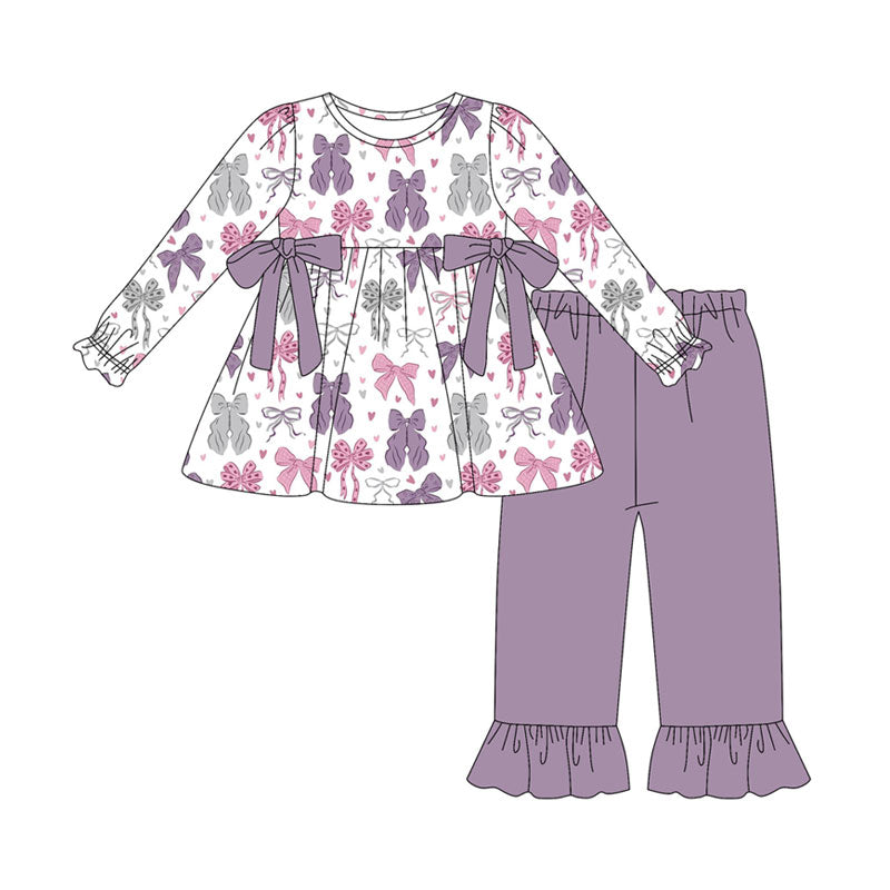 Preorder(moq 8)Baby Girls Pink Purple Hearts Bows Tunic Ruffle Pants Valentine Clothes Sets