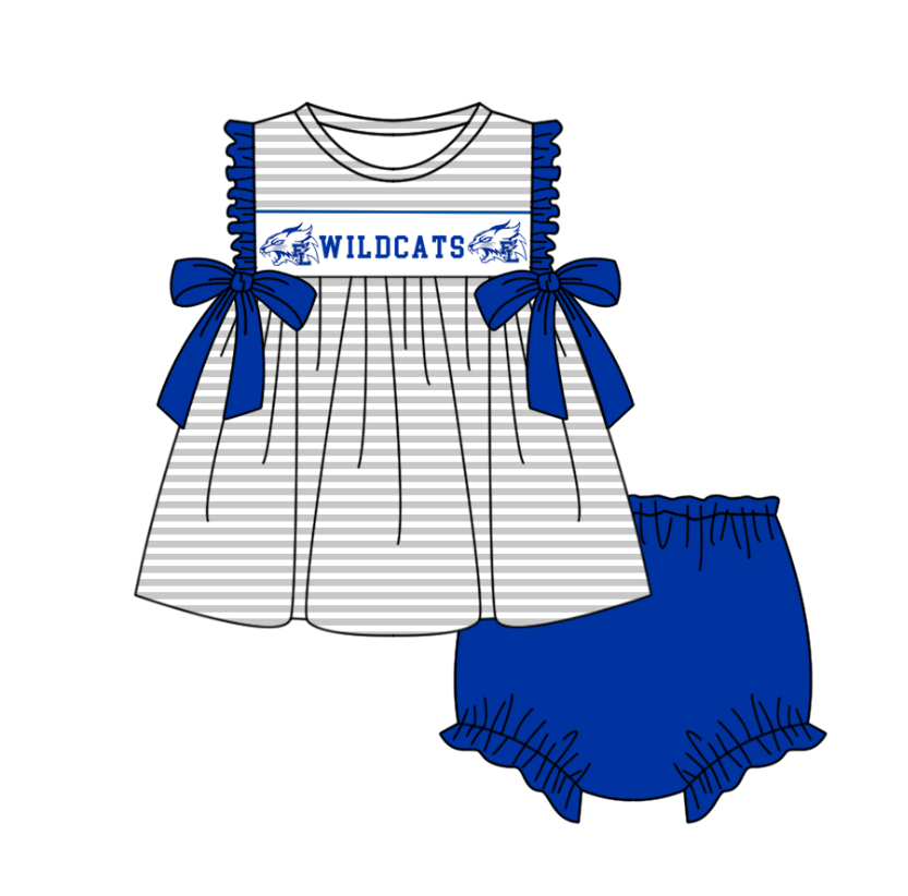 Preorder (moq 5)Baby Girls Wildcats Bows Stripe Tunic Bummies Team Clothes Sets