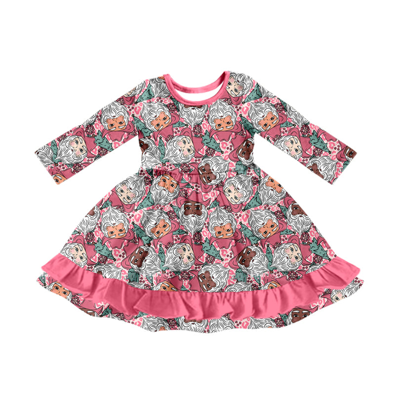 Preorder (moq 5)Baby Girls Long Sleeves Leopard Santa Plaid Pink Ruffle Knee Length Dresses