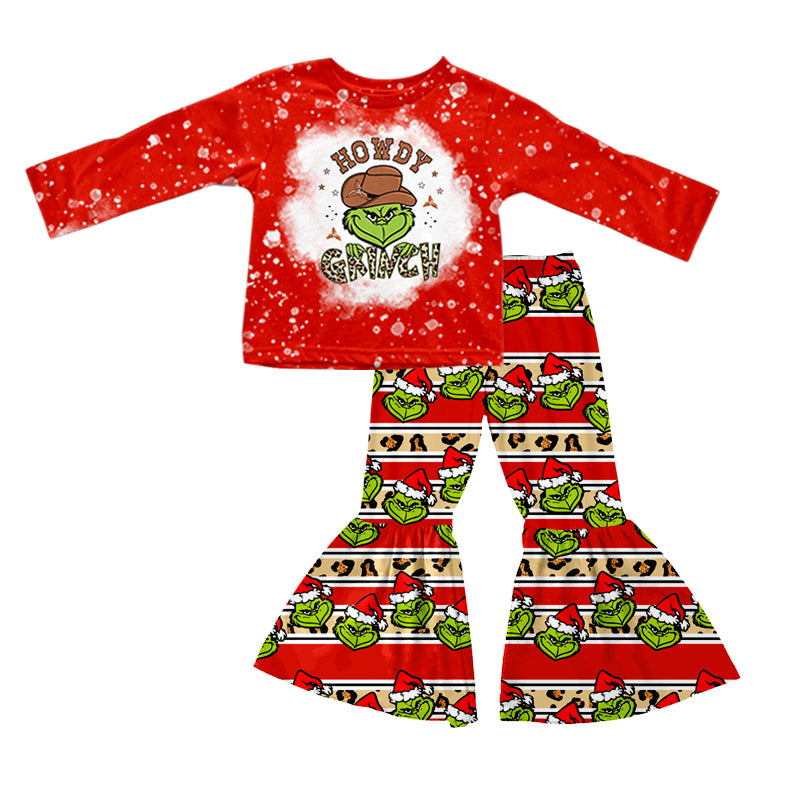 Baby Girls Howdy Christmas Green Face Long Sleeve Tops Bell Pants Outfits Sets Preorder(moq 5)