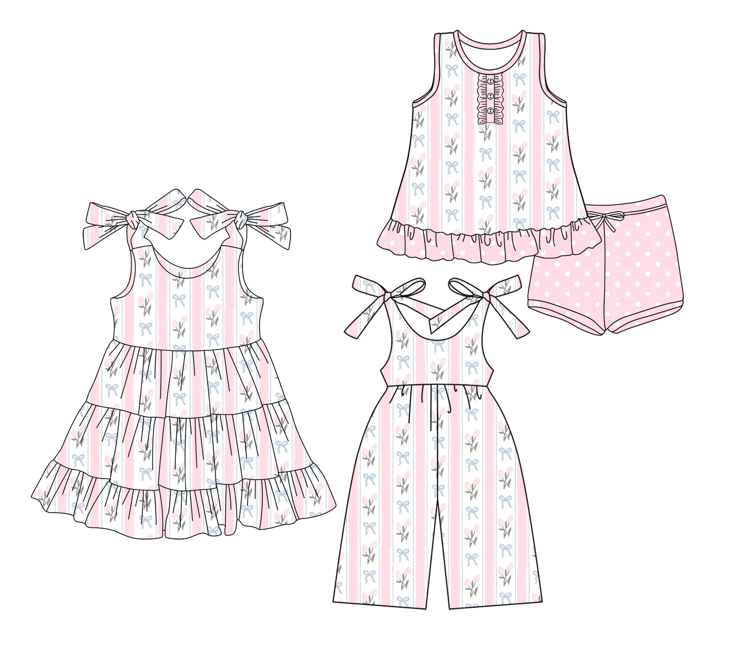 Preorder moq 5 Custom Baby Girls Peach Bows Floral Stripe Button Tunic Polka Dots Short Set Knee Length Dress Jumpsuits