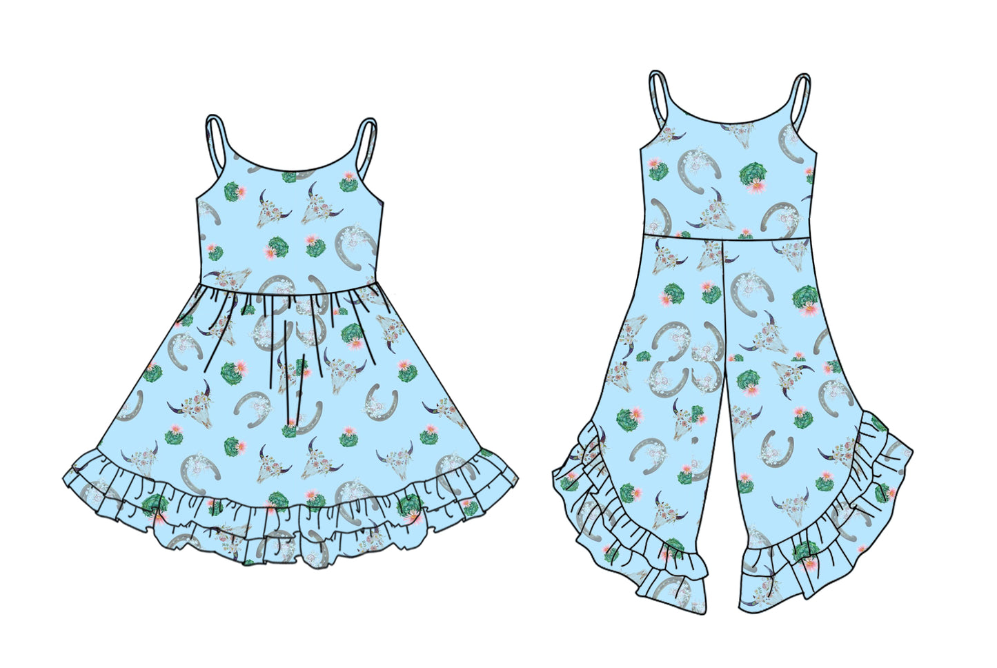 Preorder moq 5 Custom Baby Girls Blue Strap Bull Skull Floral Ruffle Jumpsuits Knee Length Dresses