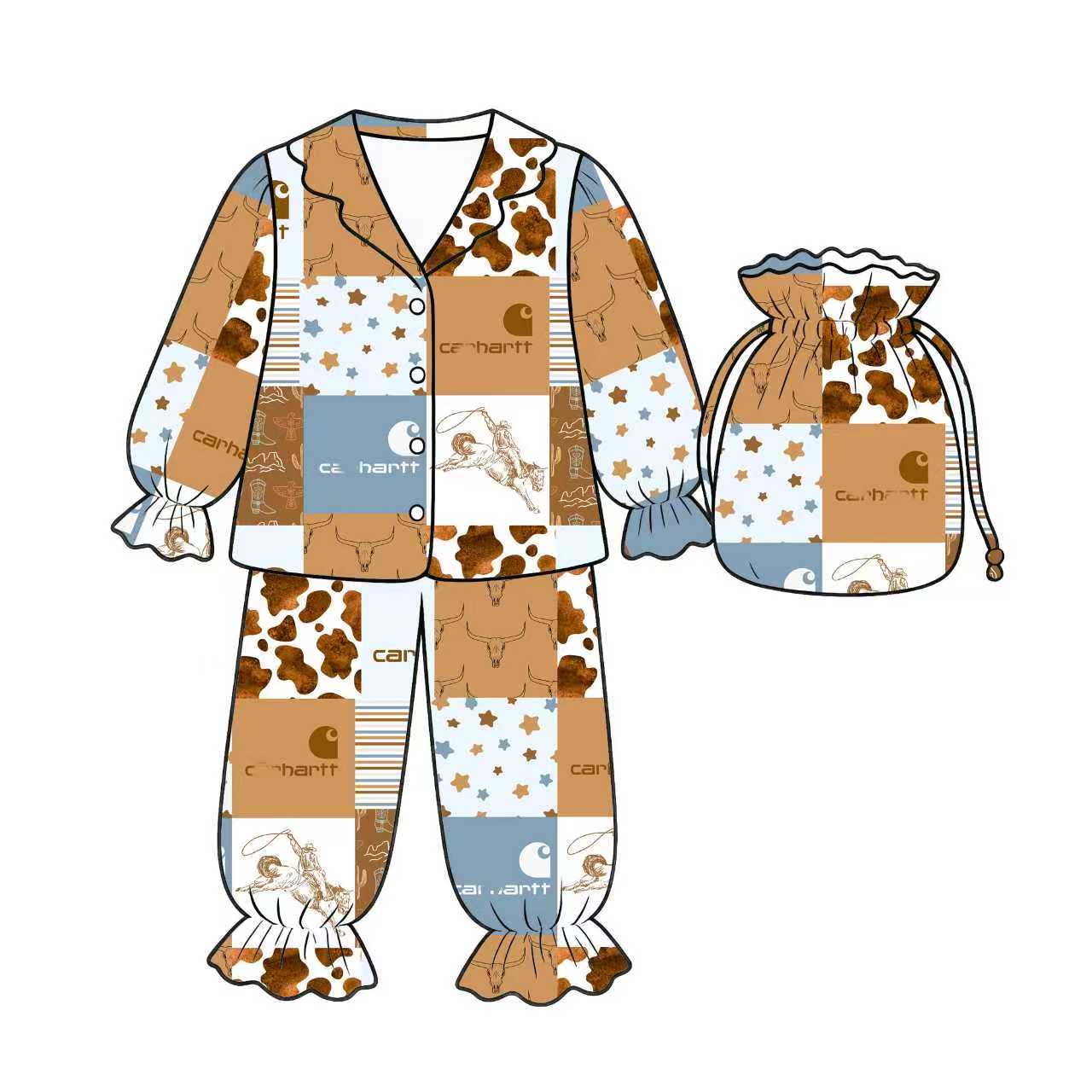 Preorder (moq 5)Baby Girls Horse Rodeos Checked Button Top Ruffle Pants Western Pajamas Set