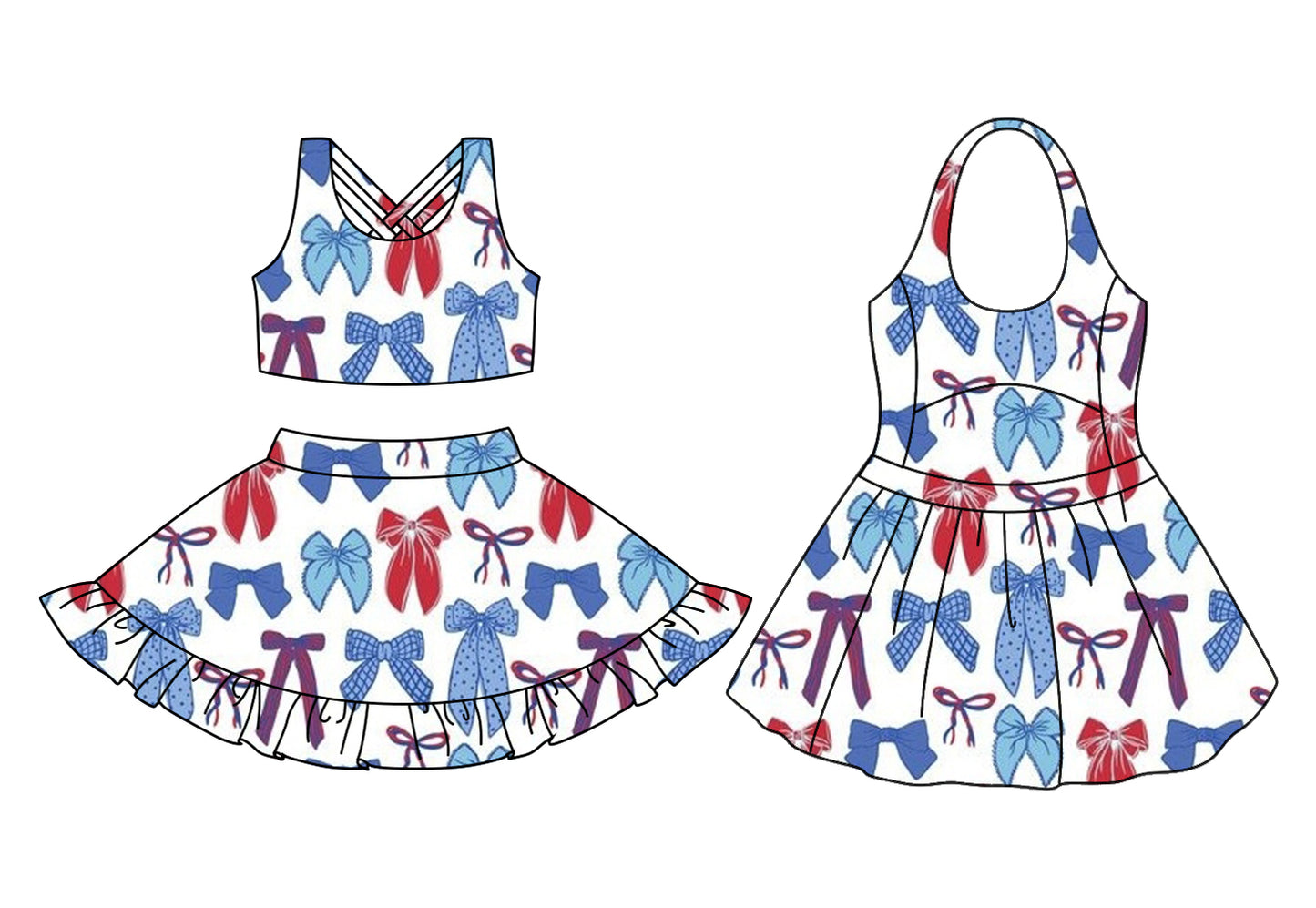 Preorder moq 5 Custom Baby Girls Blue Red Bows Top Ruffle Skirts 4th Of July Set Knee Length Dresses