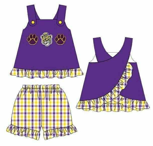 Preorder moq 5 Baby Girls Purple Pawls Tunic Checked Ruffle Shorts Team Clothes Sets