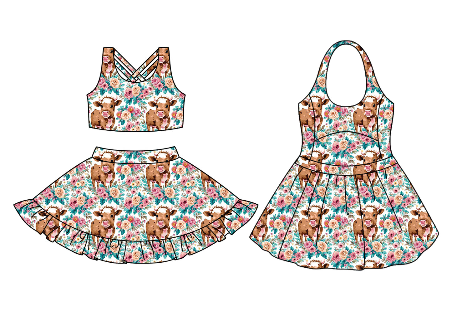 Preorder moq 5 Custom Baby Girls Pink Highland Cows Flowers Top Ruffle Skirts Set Knee Length Dresses