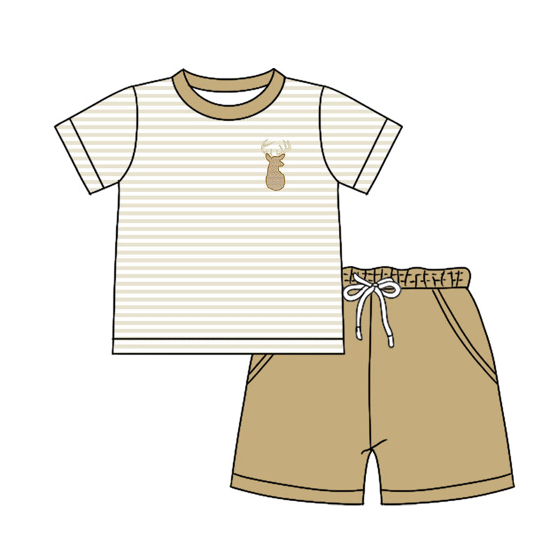 Preorder (moq 5)Baby Boys Stripes Deer Hunting Shirts Pockets Shorts Clothes Sets