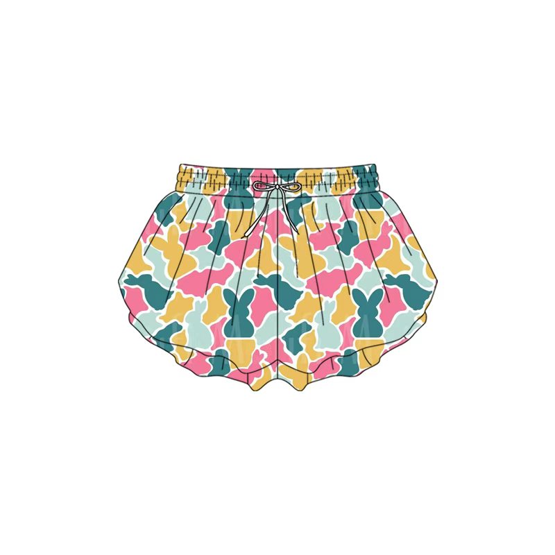 Preorder (moq 5)Baby Girls Colorful Rabbits Camo Easter Ruffle Shorts Bottom