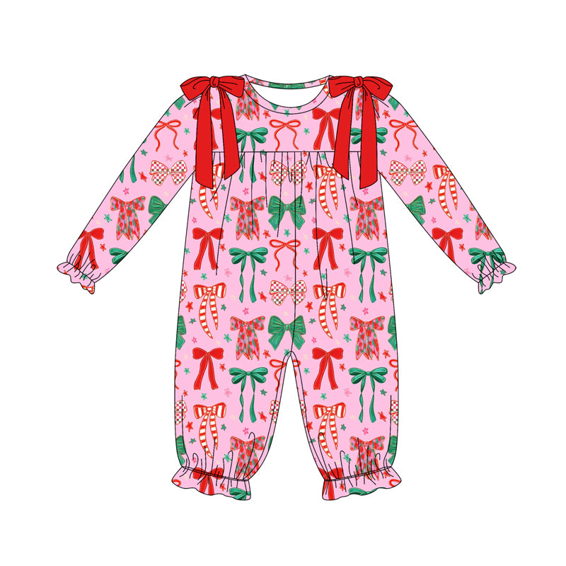 Preorder(moq 5)Baby Girls Long Sleeves Green Red Bows Plaid Ruffle Pant Rompers