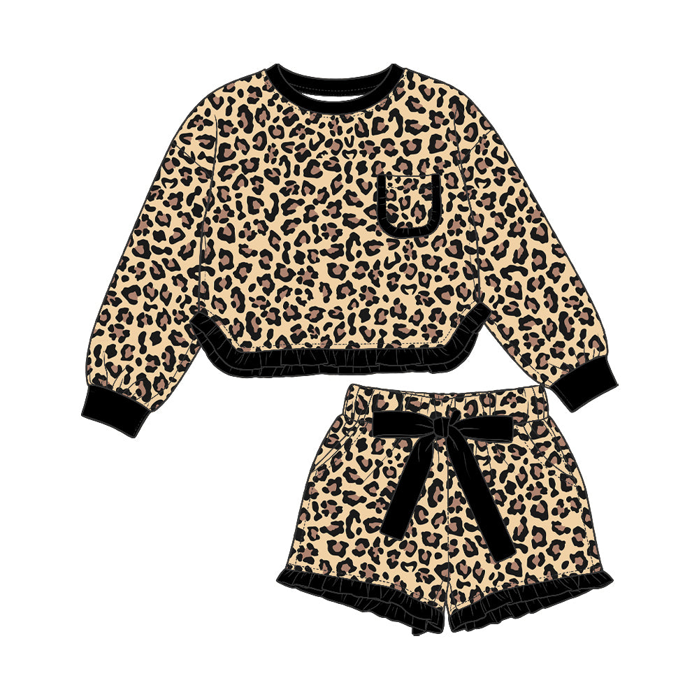 Preorder (moq5) Baby Girls Brown Leopard Pocket Top Ruffle Bow Short Clothes Set