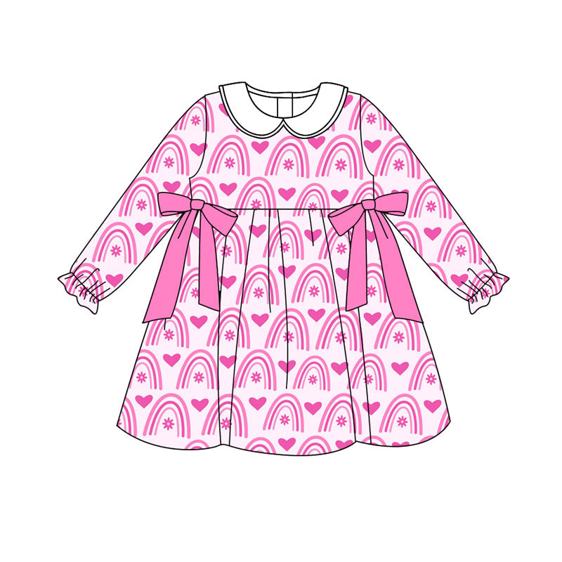 Preorder (moq 5)Baby Girls Pink Rainbows Hearts Bows Valentine Knee Length Dresses