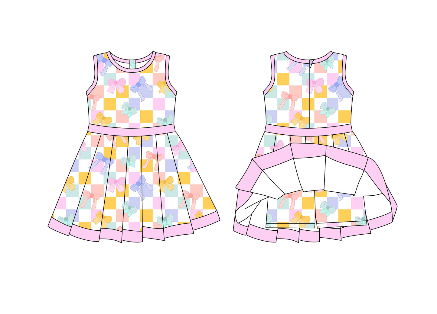 Preorder moq 8 Baby Girls Colorful Checked Bows Back Zip Shorts Valentine Ruffle Knee Length Dress