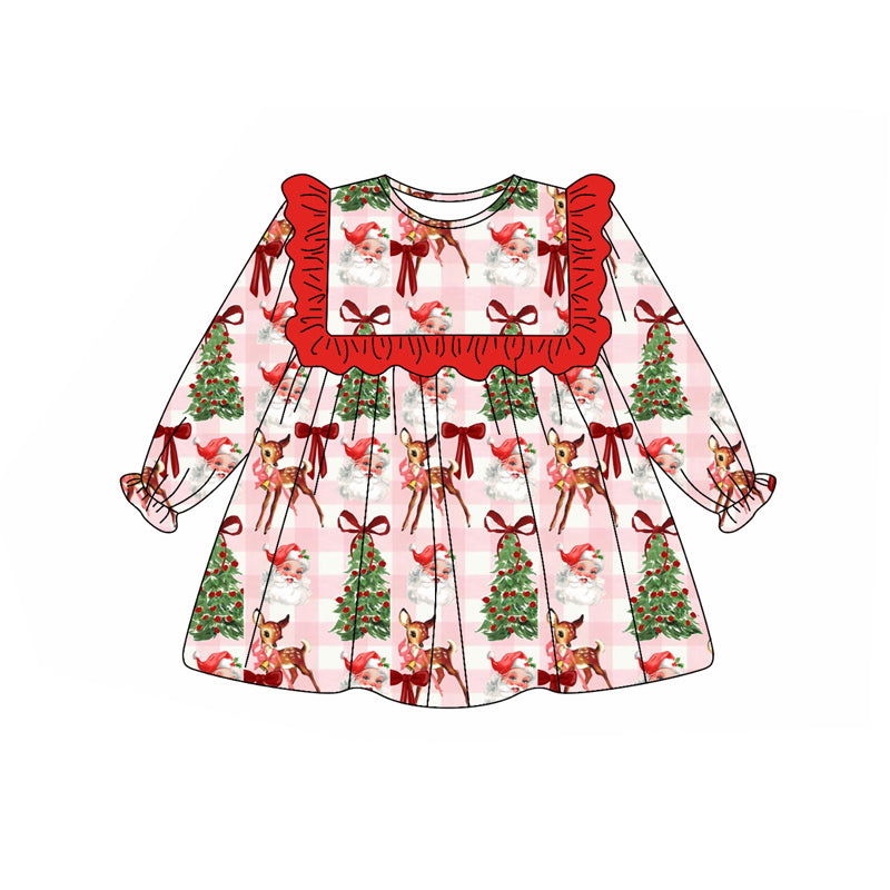 Preorder (moq 5)Baby Girls Red Plaid Long Ruffle Sleeves Santa Trees Deer Knee Length Dresses