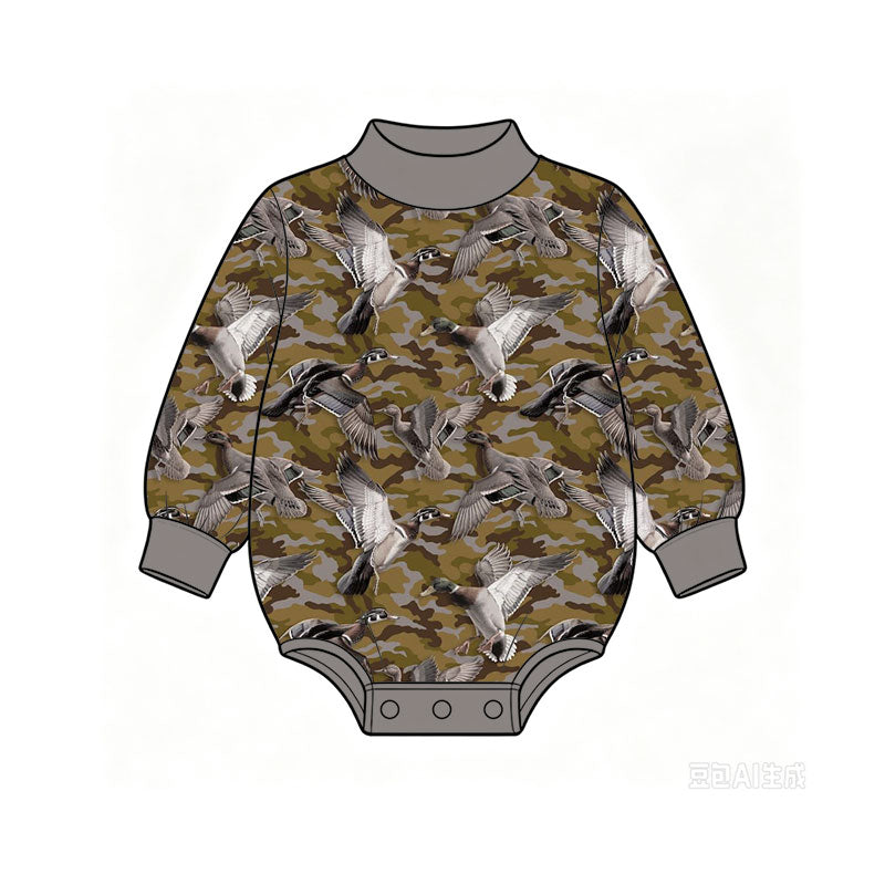 Preorder (moq 5) Baby Boys Long Sleeve Green Camo Ducks Hunting Rompers