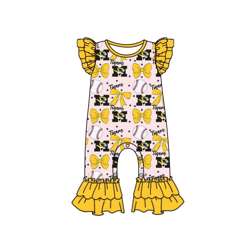 Preorder (moq 5)Baby Girls Yellow Flutter Sleeves Baseball Bows M Tiger Ruffle Pant Team Rompers