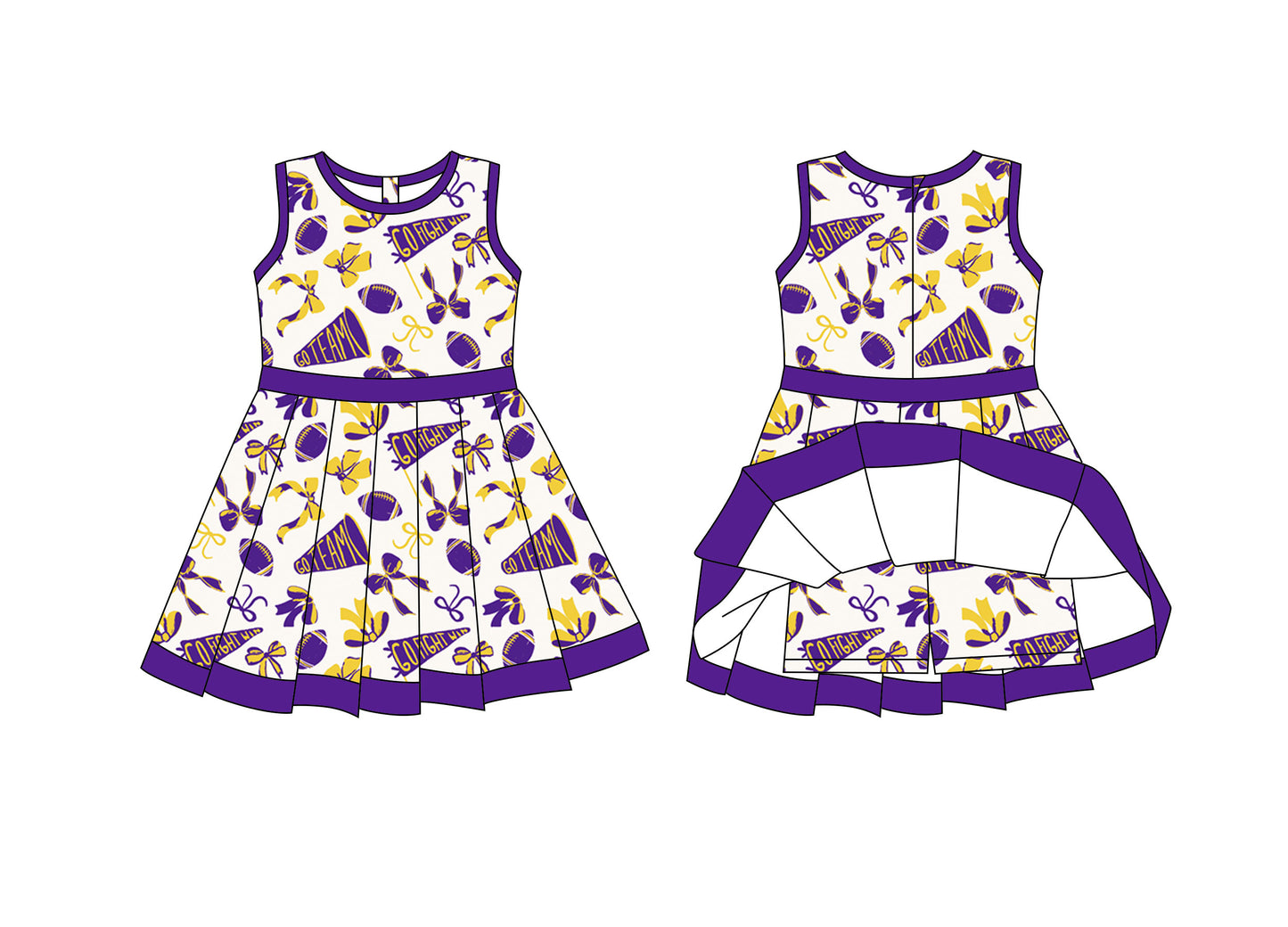 Preorder moq 8 Baby Girls Yellow Purple Bows Footballs Back Zip Shorts Team Ruffle Knee Length Dress