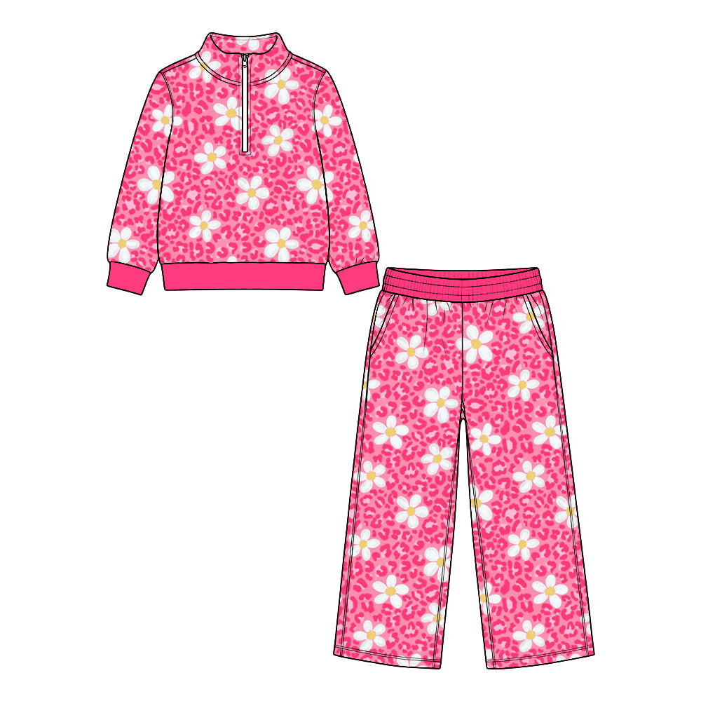 Preorder (moq 5) Baby Girl Clothes Pink Leopard Daisy Print Long Sleeve Half Zip Top Wide Leg Pant Set