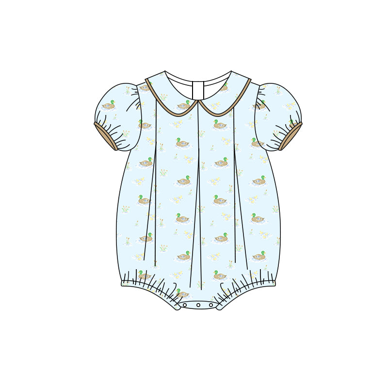 Preorder(moq 5)Baby Infant Girls Blue Short Ruffle Sleeves Ducks Floral Ruffle Rompers
