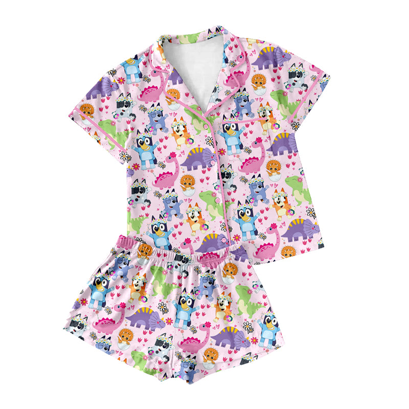 Preorder(moq 5)Adult Women Pink Short Sleeves Button Pocket Cartoon Dogs Dinosaurs Top Short Pajamas Set