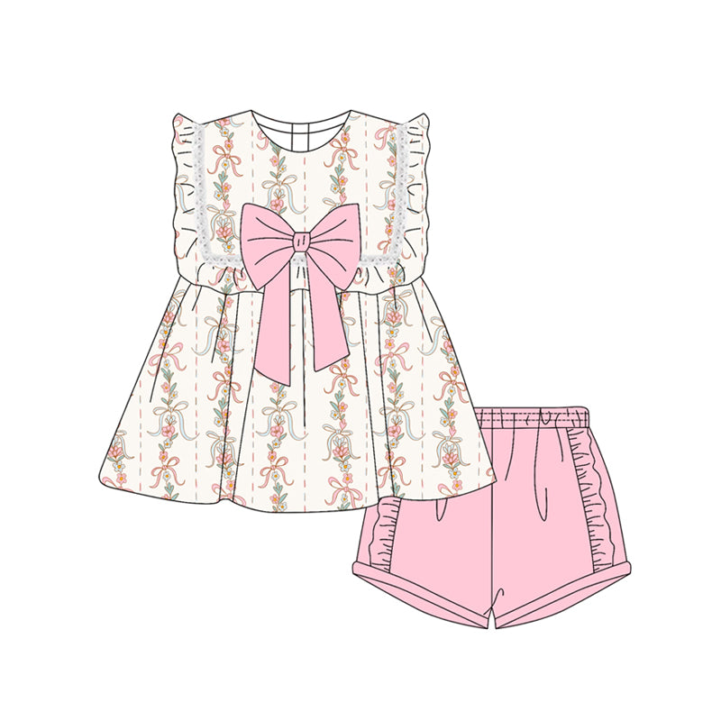 Preorder moq 5 Baby Girls Sleeveless Bows Floral Stripe Tunic Pink Ruffle Short Set