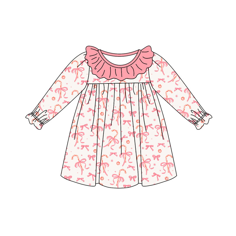 Preorder (moq 5)Baby Girls Long Ruffle Sleeves Pink Bows Candy Cane Knee Length Dresses