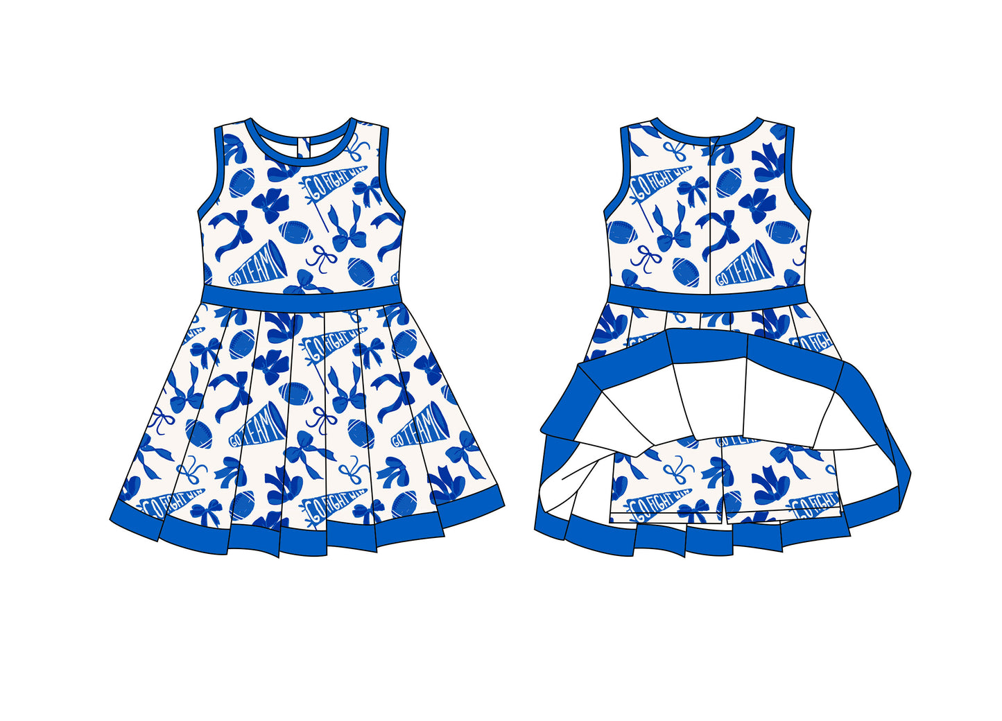 Preorder moq 8 Baby Girls Blue Bows Footballs Back Zip Shorts Team Ruffle Knee Length Dress