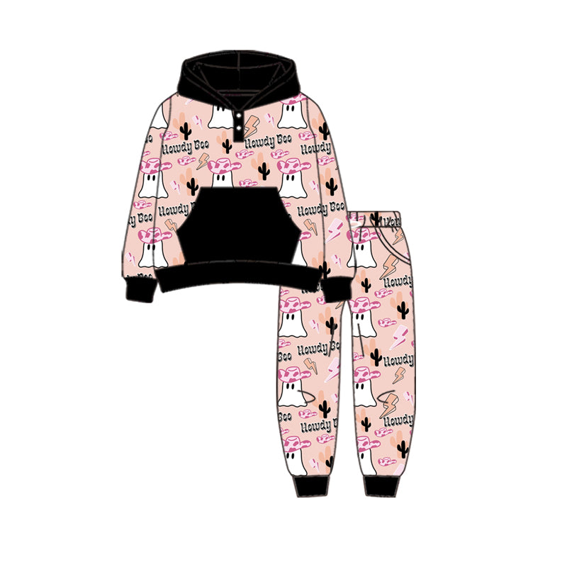 Preorder (moq 5)Baby Boys Long Sleeves Hat Ghosts Cactus Button Pocket Hoodies Pant Set